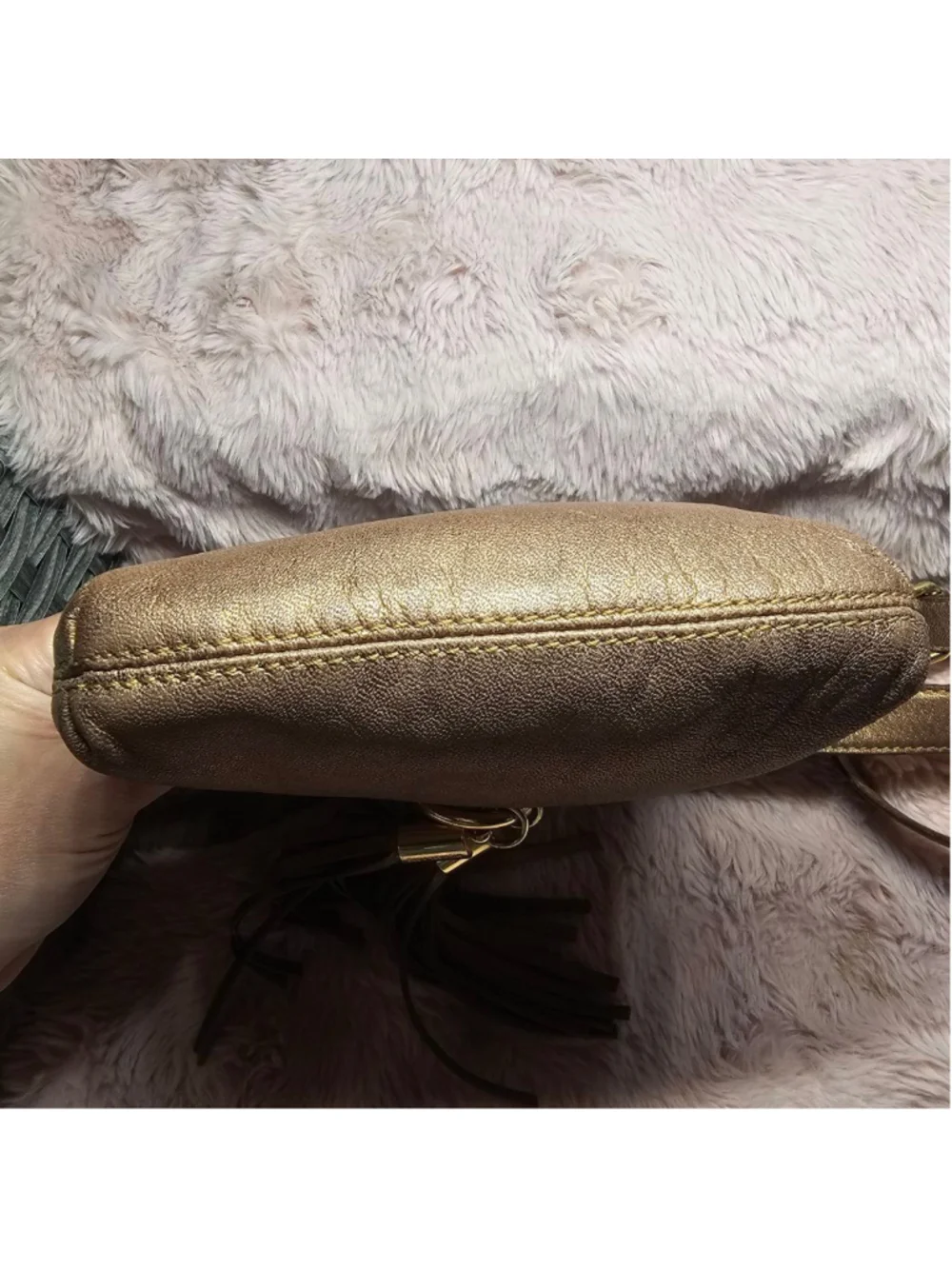 Michael Kors Metallic Gold Leather Crossbody Bag with Braided Tassel Accent